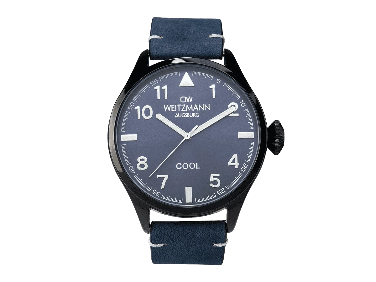 Cool, attraktive Trend-Uhr, schwarz, Echtlederband blau