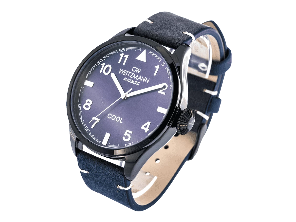 Cool, attraktive Trend-Uhr, schwarz, Echtlederband blau - Bild 3