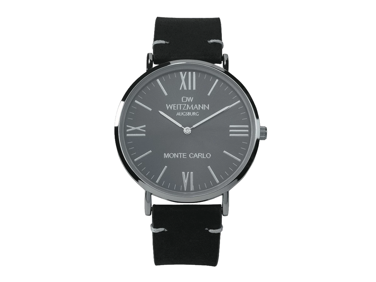 Monte Carlo, topaktuelle Mode-Uhr, mit schwarzem Zifferblatt, mit Echtlederband schwarz
