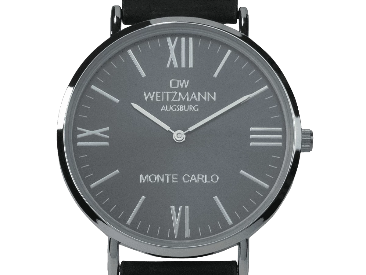 Monte Carlo, topaktuelle Mode-Uhr, mit schwarzem Zifferblatt, mit Echtlederband schwarz - Bild 2