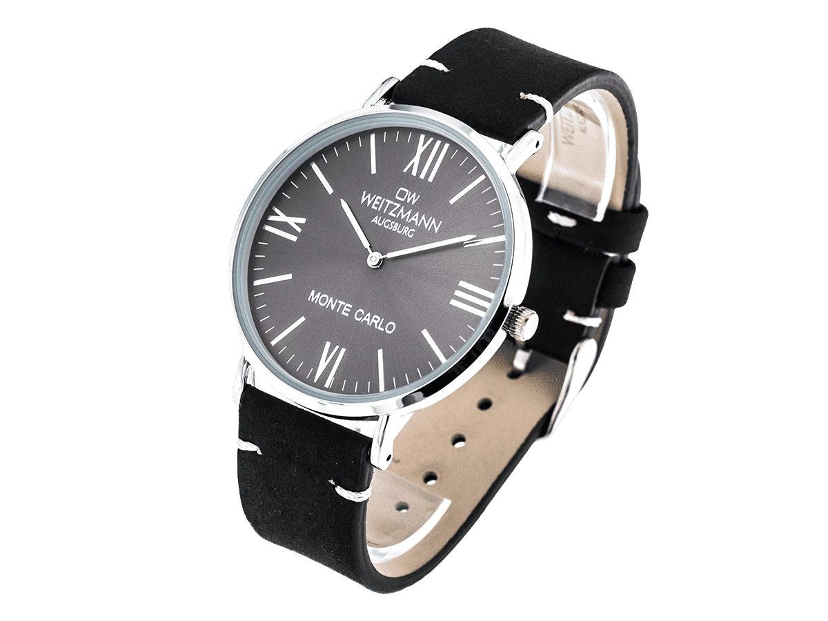 Monte Carlo, topaktuelle Mode-Uhr, mit schwarzem Zifferblatt, mit Echtlederband schwarz - Bild 3