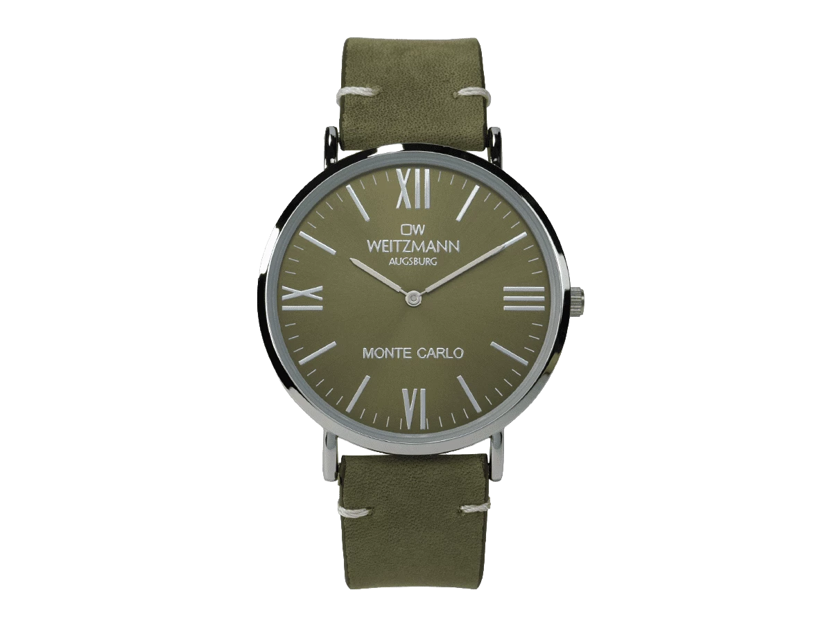 Monte Carlo, topaktuelle Mode-Uhr, mit grünem Zifferblatt, mit Echtlederband olive