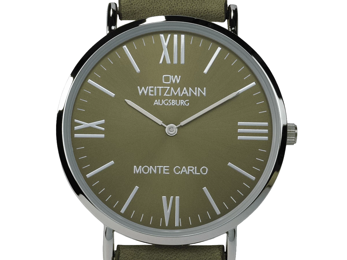Monte Carlo, topaktuelle Mode-Uhr, mit grünem Zifferblatt, mit Echtlederband olive - Bild 2