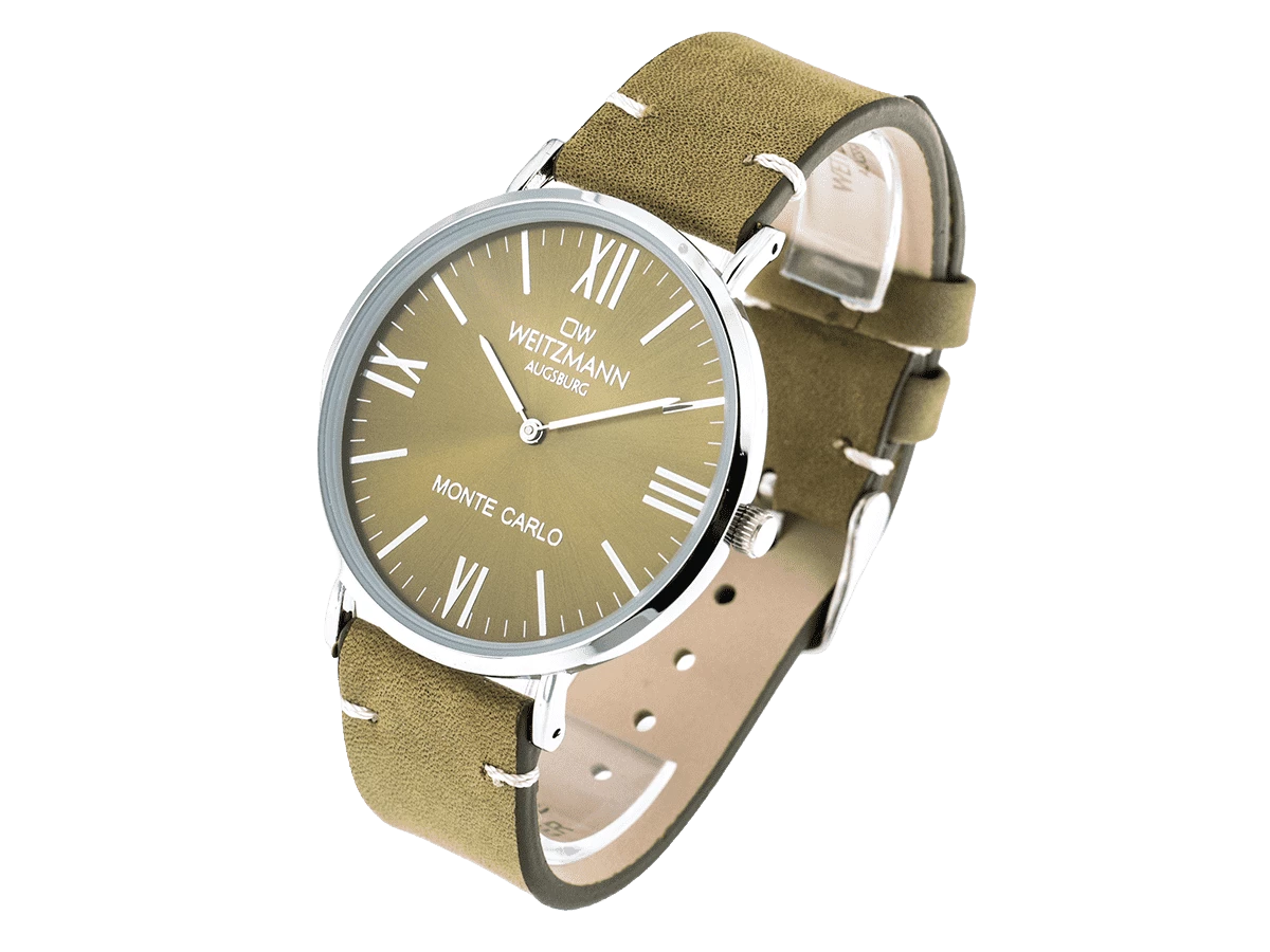Monte Carlo, topaktuelle Mode-Uhr, mit grünem Zifferblatt, mit Echtlederband olive - Bild 3