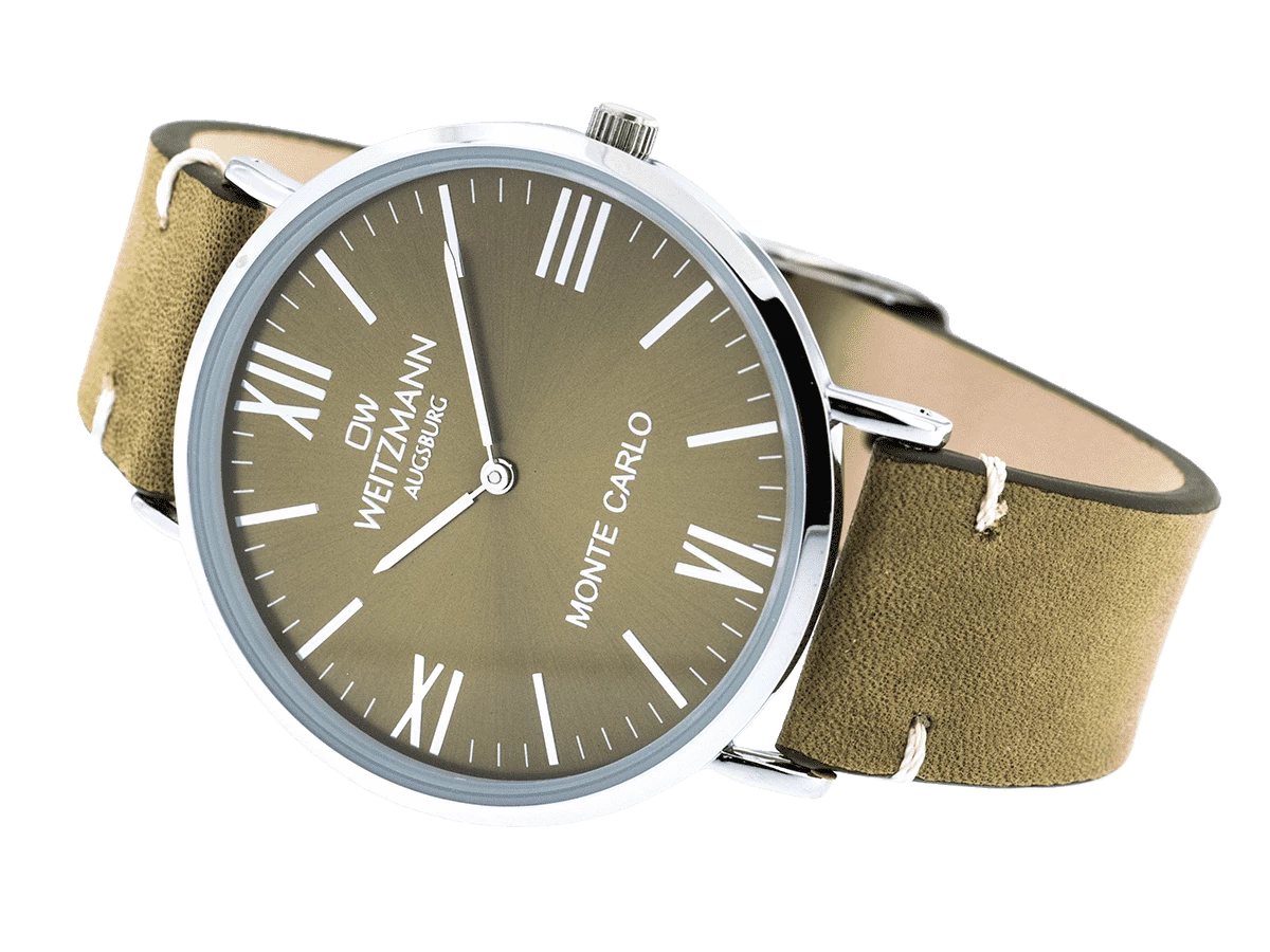 Monte Carlo, topaktuelle Mode-Uhr, mit grünem Zifferblatt, mit Echtlederband olive - Bild 4
