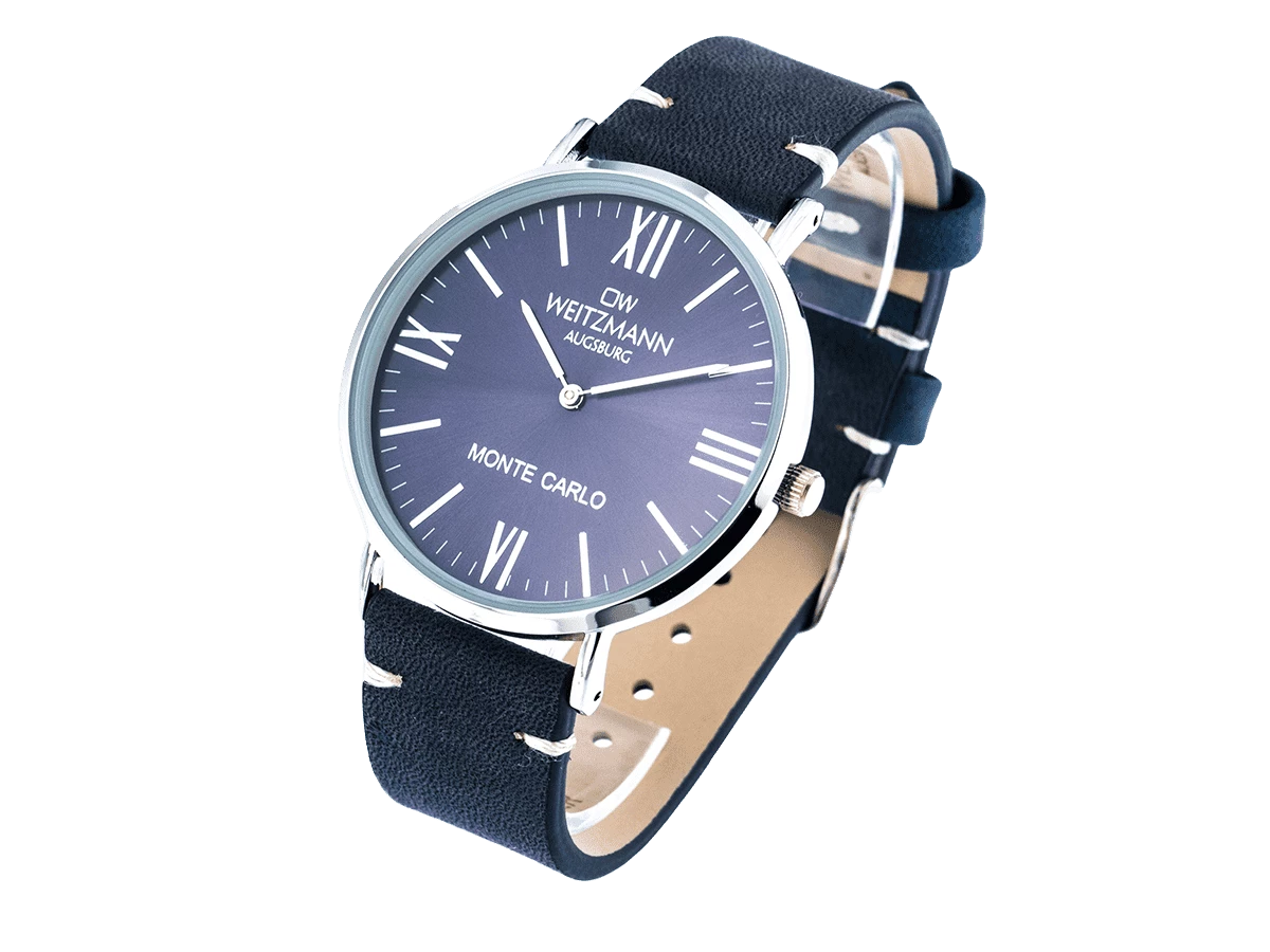 Monte Carlo, topaktuelle Mode-Uhr, mit blauem Zifferblatt, mit Echtlederband blau
