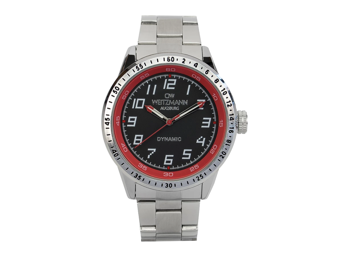 Dynamic, sportlich-elegante Herren-Uhr, schwarz/rot, Stahlband