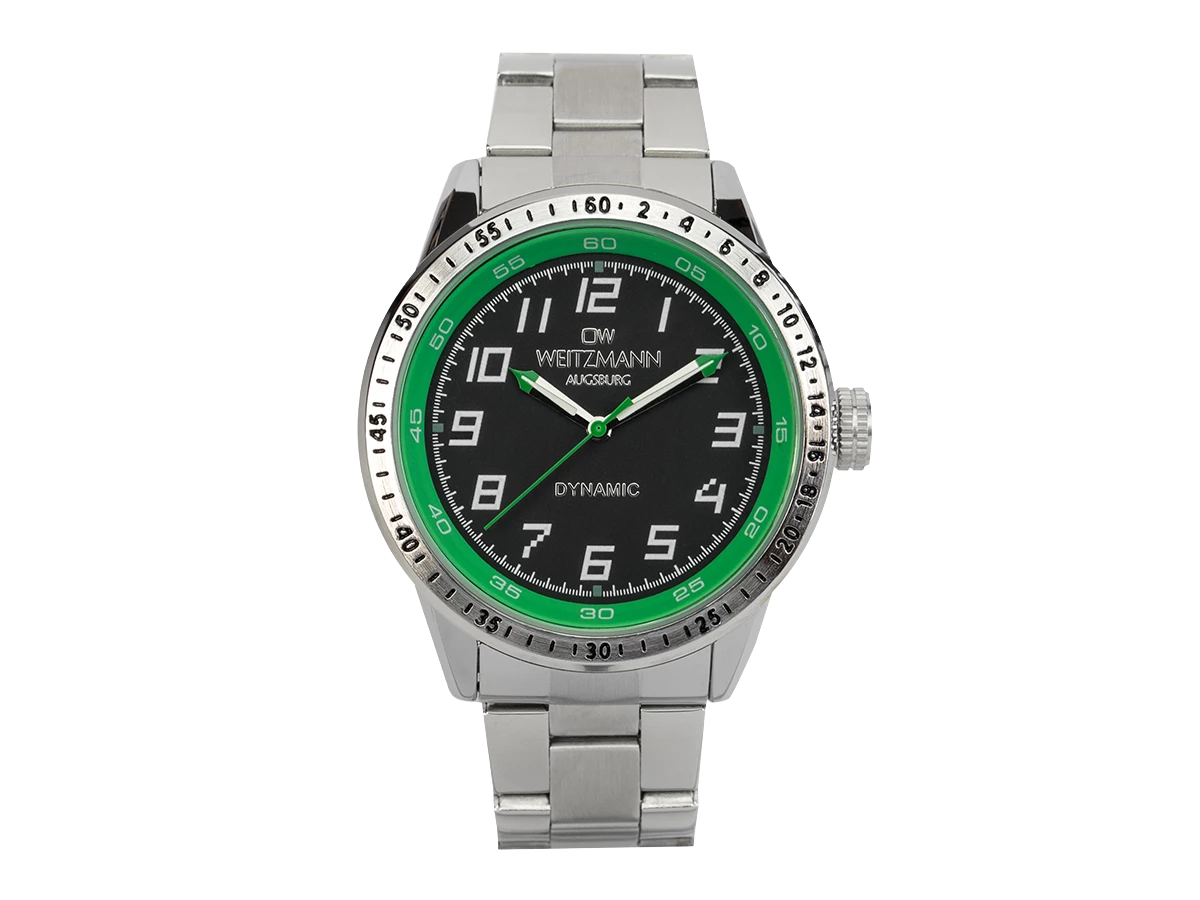 Dynamic, sportlich-elegante Herren-Uhr, schwarz/grün, Stahlband