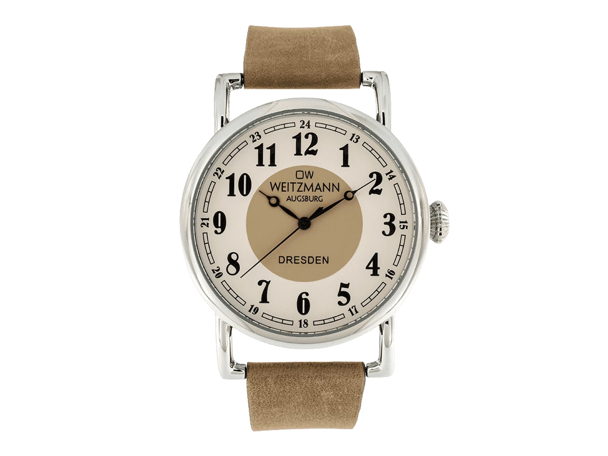 Dresden, nostalgische Vintage-Uhr, Echtlederband hellbraun