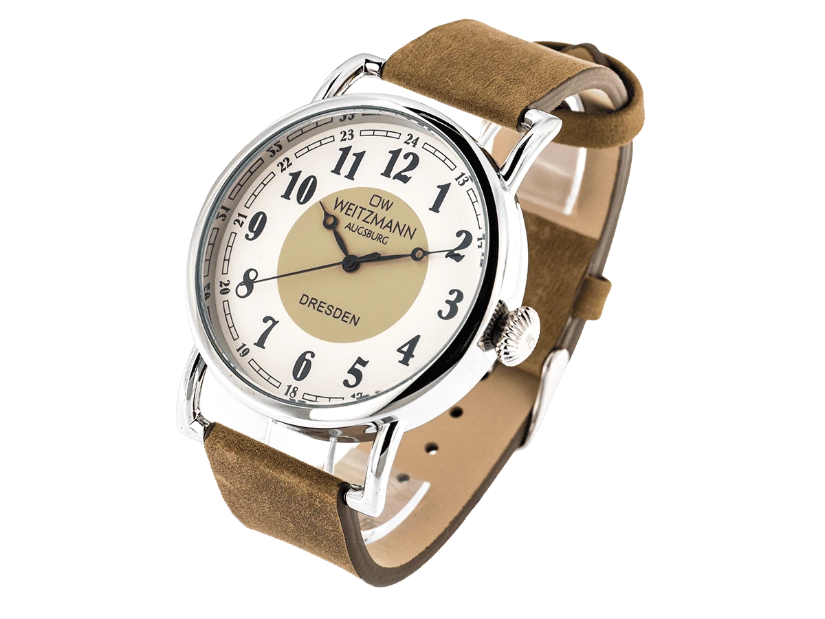Dresden, nostalgische Vintage-Uhr, Echtlederband hellbraun - Bild 3