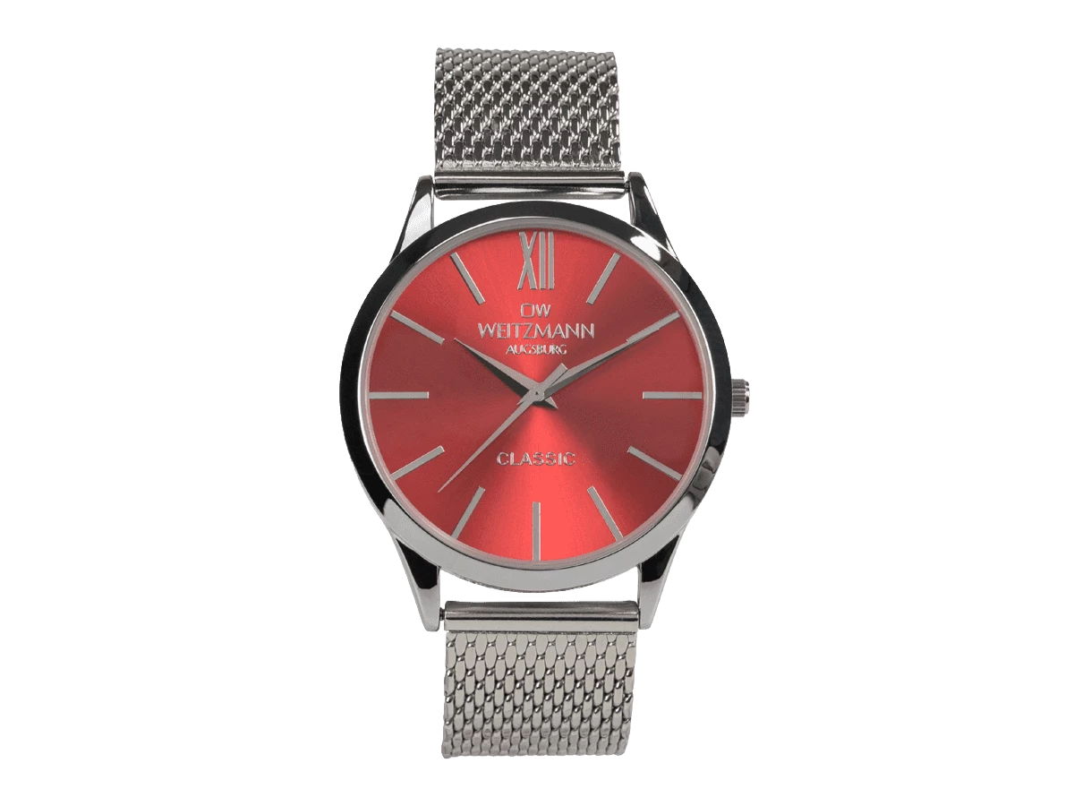 Classic, klassische Herren-Uhr, mit rotem Zifferblatt, Milanaiseband