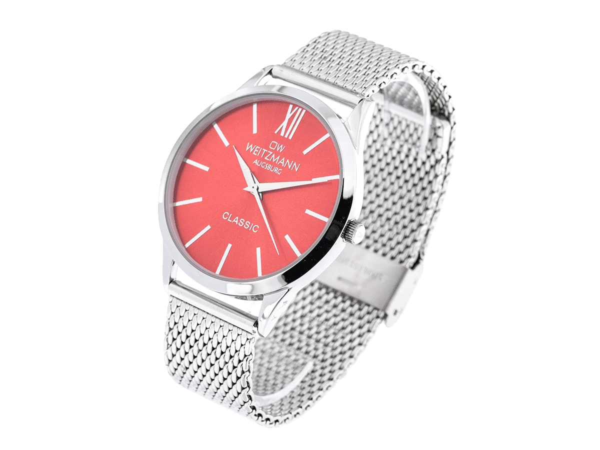 Classic, klassische Herren-Uhr, mit rotem Zifferblatt, Milanaiseband - Bild 3