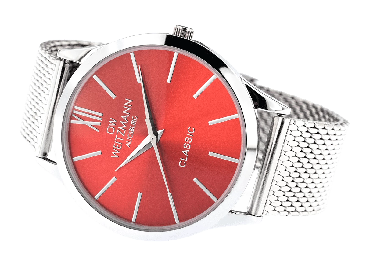 Classic, klassische Herren-Uhr, mit rotem Zifferblatt, Milanaiseband - Bild 4