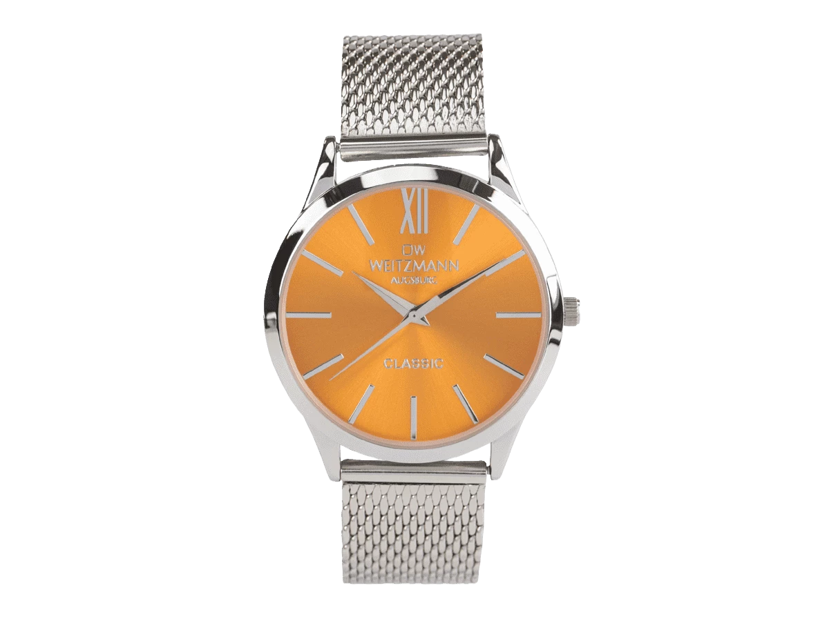 Classic, klassische Herren-Uhr, mit orangem Zifferblatt, Milanaiseband