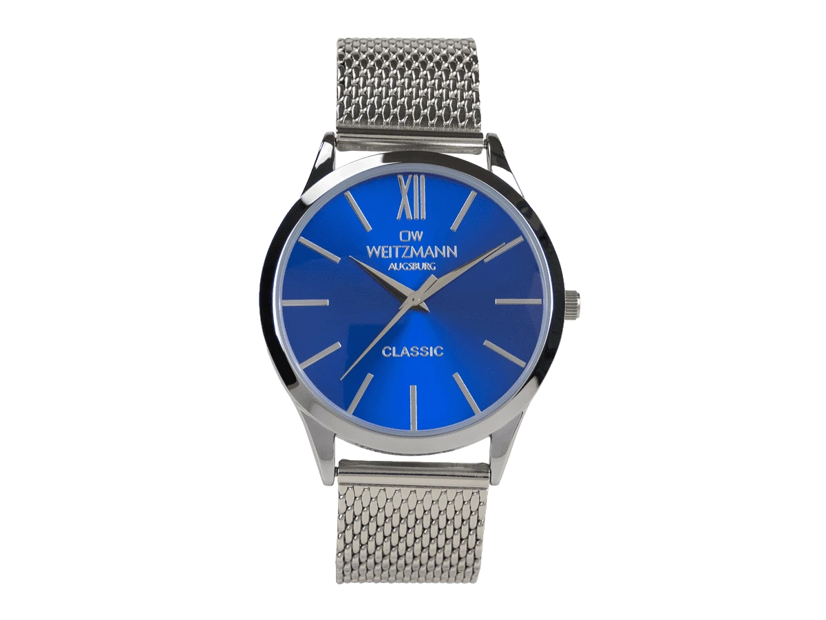 Classic, klassische Herren-Uhr, mit blauem Zifferblatt, Milanaiseband