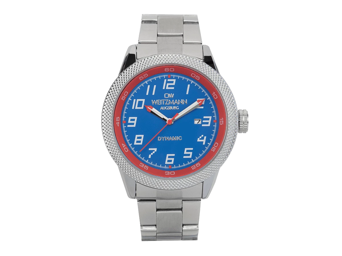 Dynamic, sportlich-elegante Herren-Uhr, blau/rot, geriffelte Lünette, Stahlband