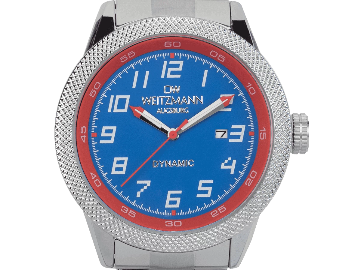 Dynamic, sportlich-elegante Herren-Uhr, blau/rot, geriffelte Lünette, Stahlband - Bild 2