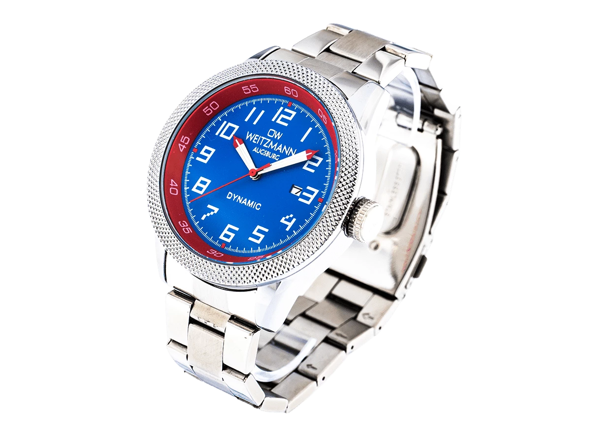 Dynamic, sportlich-elegante Herren-Uhr, blau/rot, geriffelte Lünette, Stahlband - Bild 3