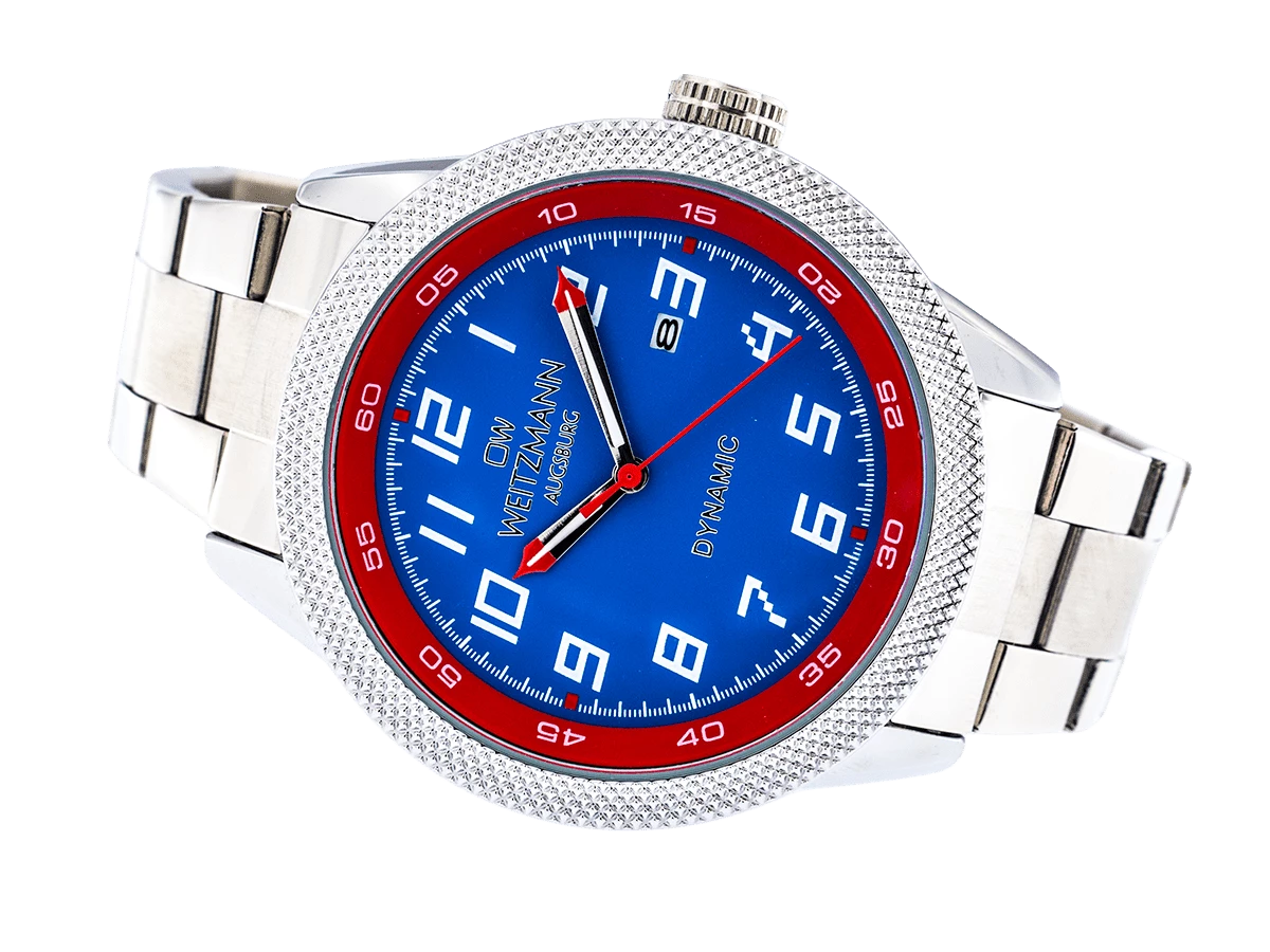 Dynamic, sportlich-elegante Herren-Uhr, blau/rot, geriffelte Lünette, Stahlband - Bild 4