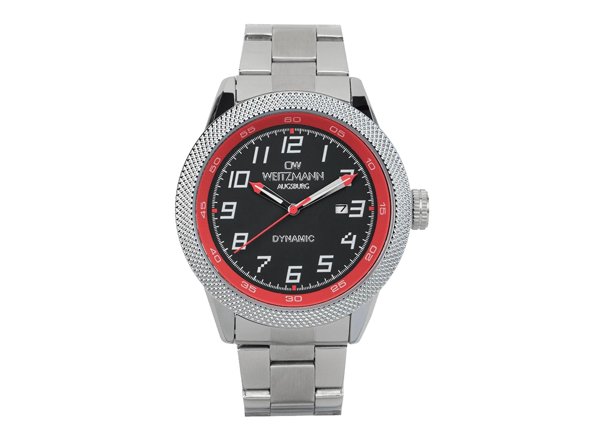 Dynamic, sportlich-elegante Herren-Uhr, schwarz/rot, geriffelte Lünette, Stahlband