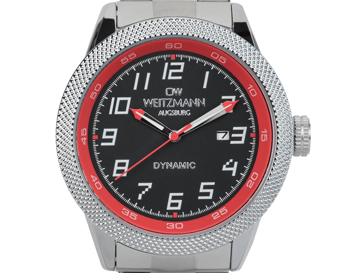 Dynamic, sportlich-elegante Herren-Uhr, schwarz/rot, geriffelte Lünette, Stahlband - Bild 2
