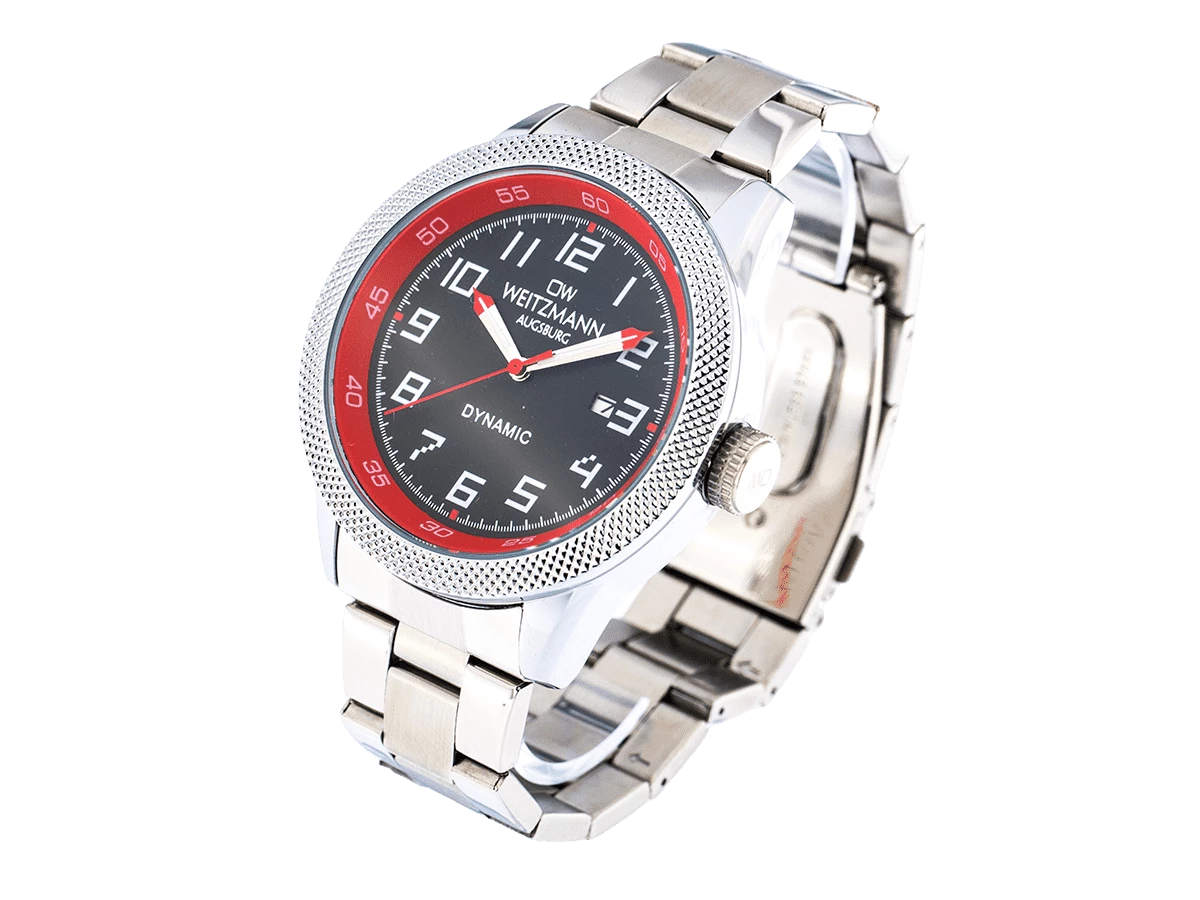 Dynamic, sportlich-elegante Herren-Uhr, schwarz/rot, geriffelte Lünette, Stahlband - Bild 3