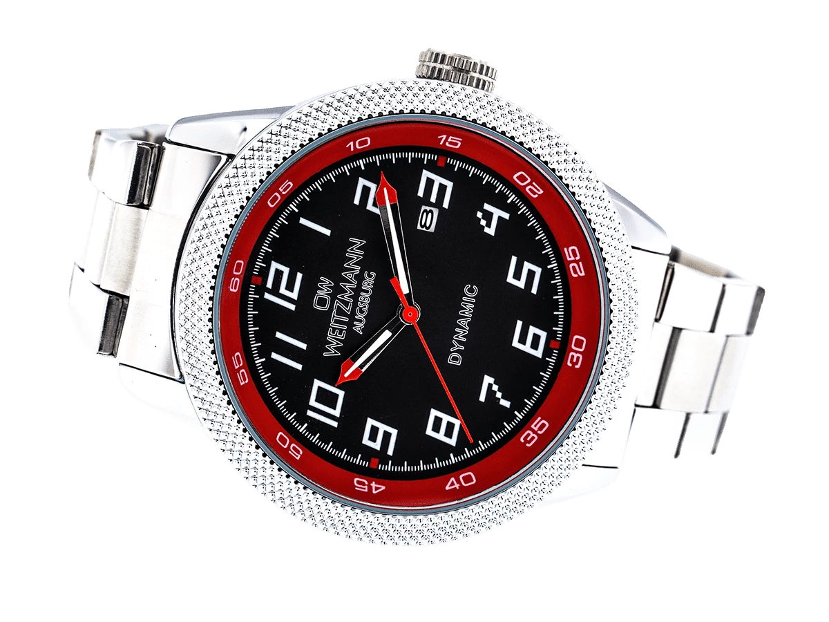 Dynamic, sportlich-elegante Herren-Uhr, schwarz/rot, geriffelte Lünette, Stahlband - Bild 4