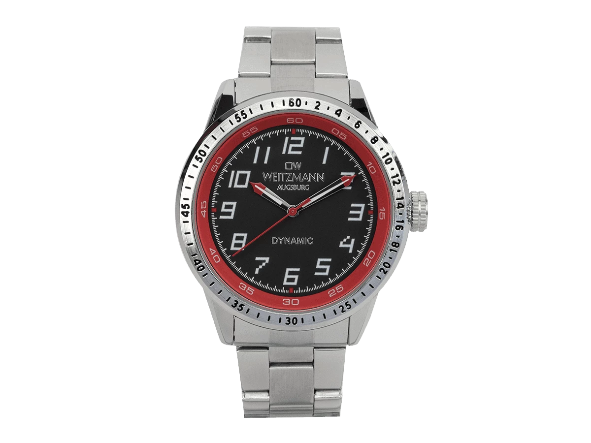 Dynamic, sportlich-elegante Herren-Uhr, schwarz/rot, geriffelte Lünette, Stahlband - Bild 6