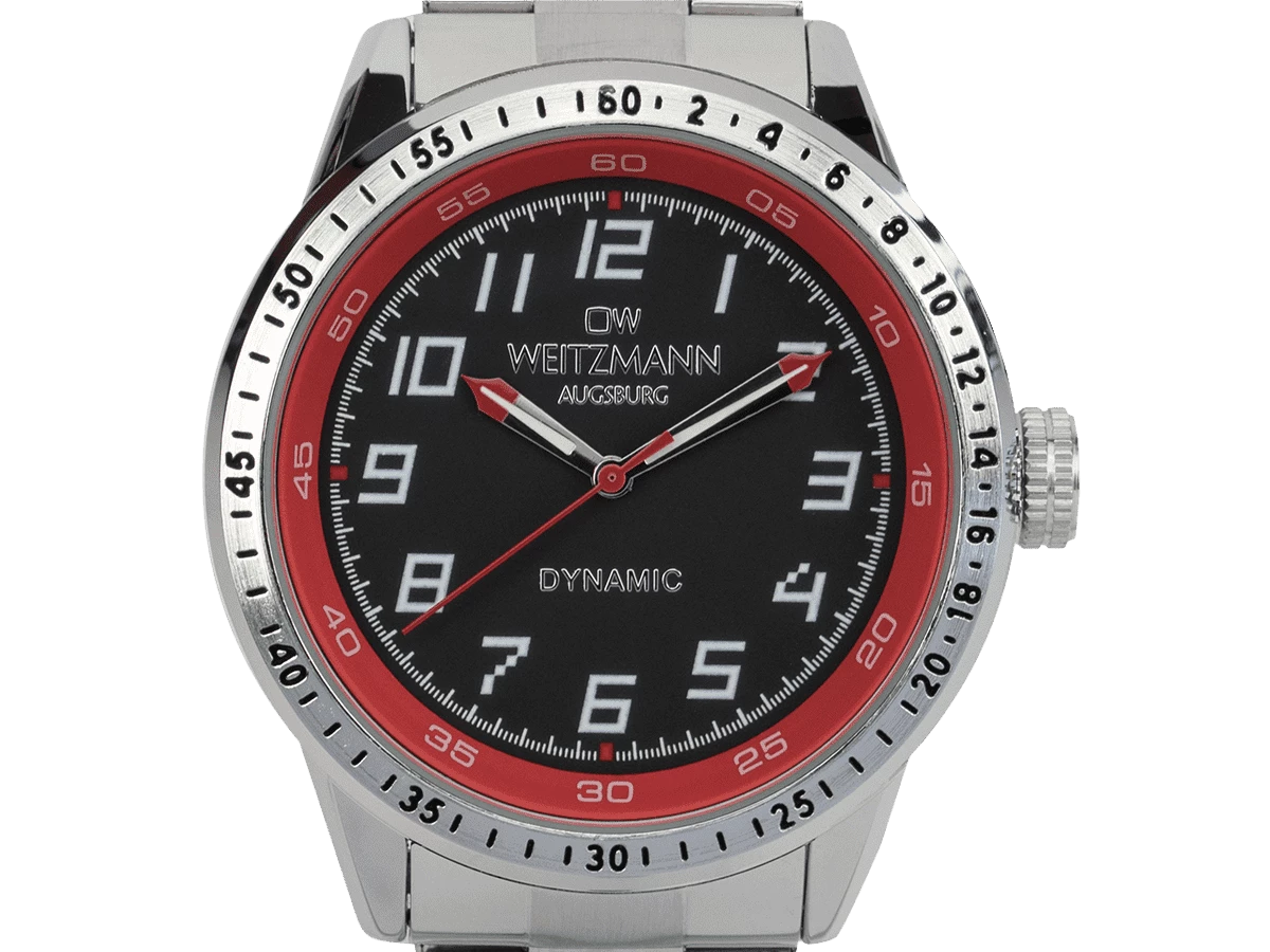 Dynamic, sportlich-elegante Herren-Uhr, schwarz/rot, geriffelte Lünette, Stahlband - Bild 7
