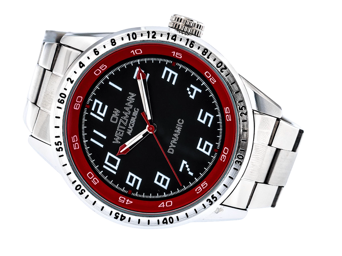 Dynamic, sportlich-elegante Herren-Uhr, schwarz/rot, geriffelte Lünette, Stahlband - Bild 9