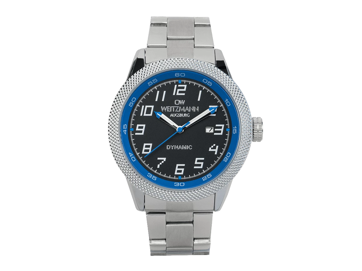 Dynamic, sportlich-elegante Herren-Uhr, schwarz/blau, geriffelte Lünette, Stahlband