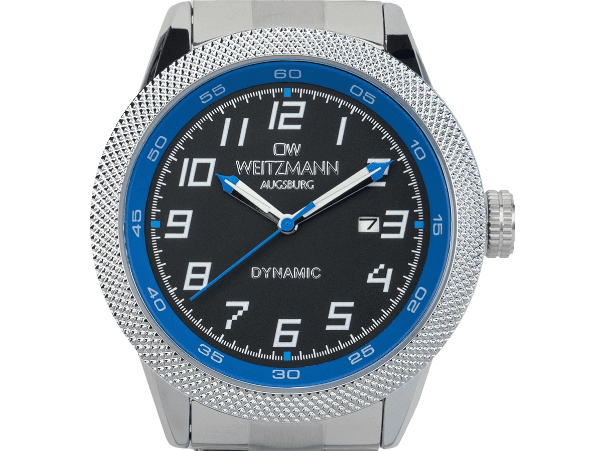 Dynamic, sportlich-elegante Herren-Uhr, schwarz/blau, geriffelte Lünette, Stahlband - Bild 2