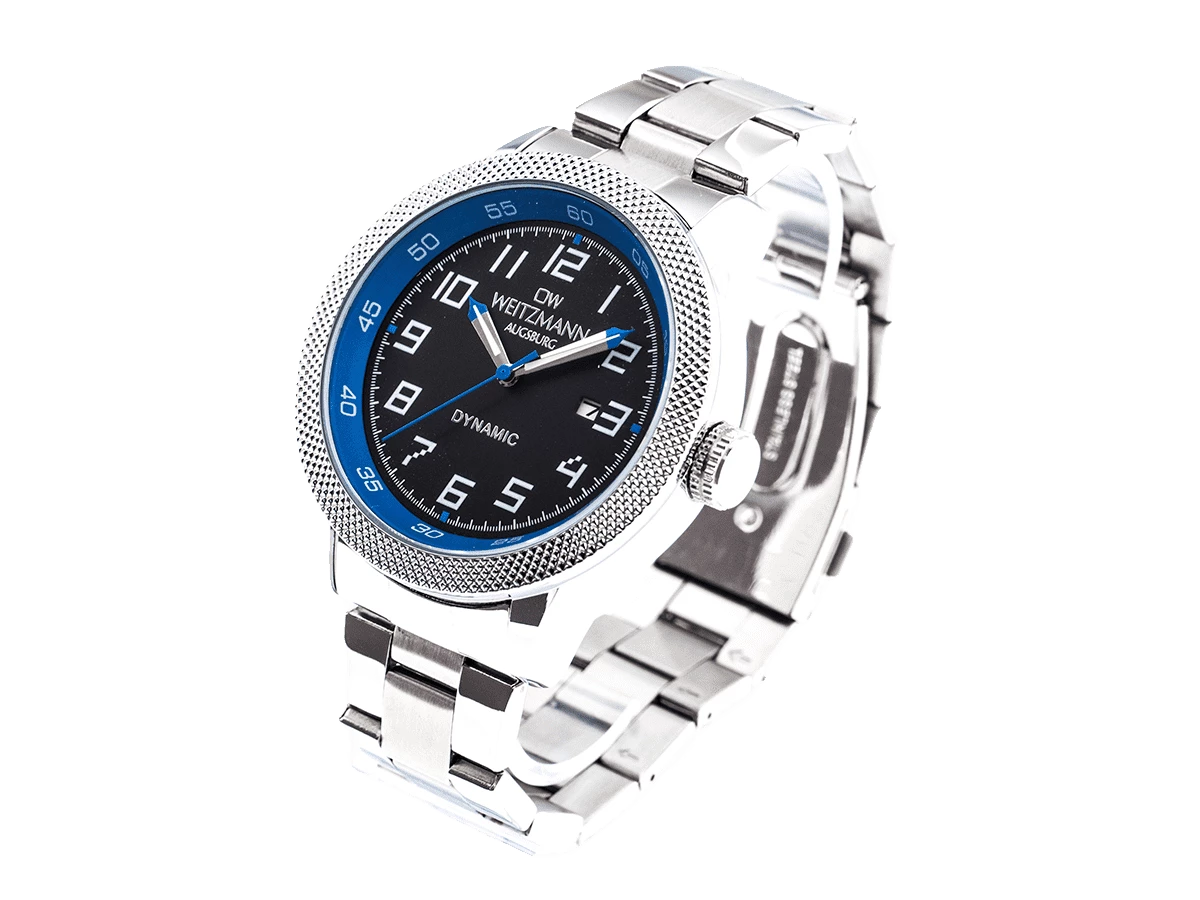 Dynamic, sportlich-elegante Herren-Uhr, schwarz/blau, geriffelte Lünette, Stahlband - Bild 3