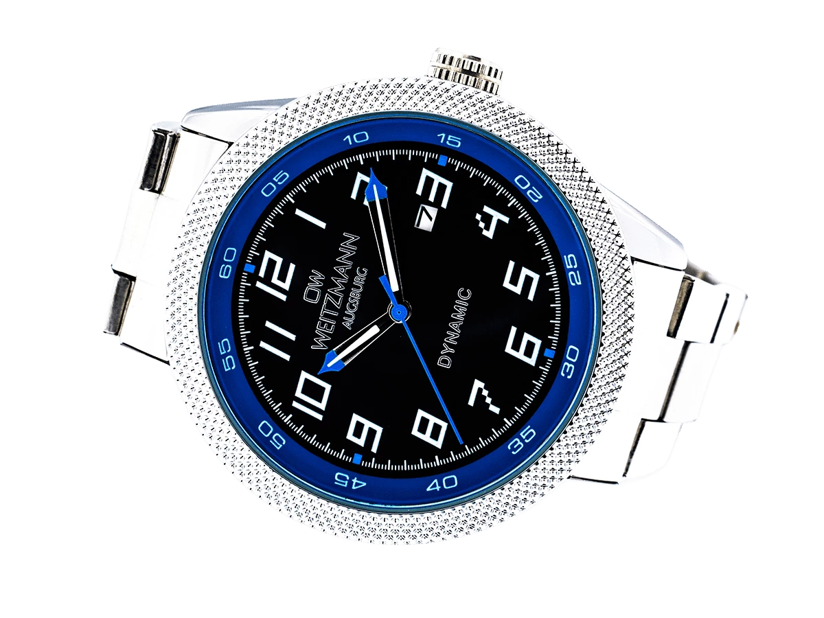 Dynamic, sportlich-elegante Herren-Uhr, schwarz/blau, geriffelte Lünette, Stahlband - Bild 4