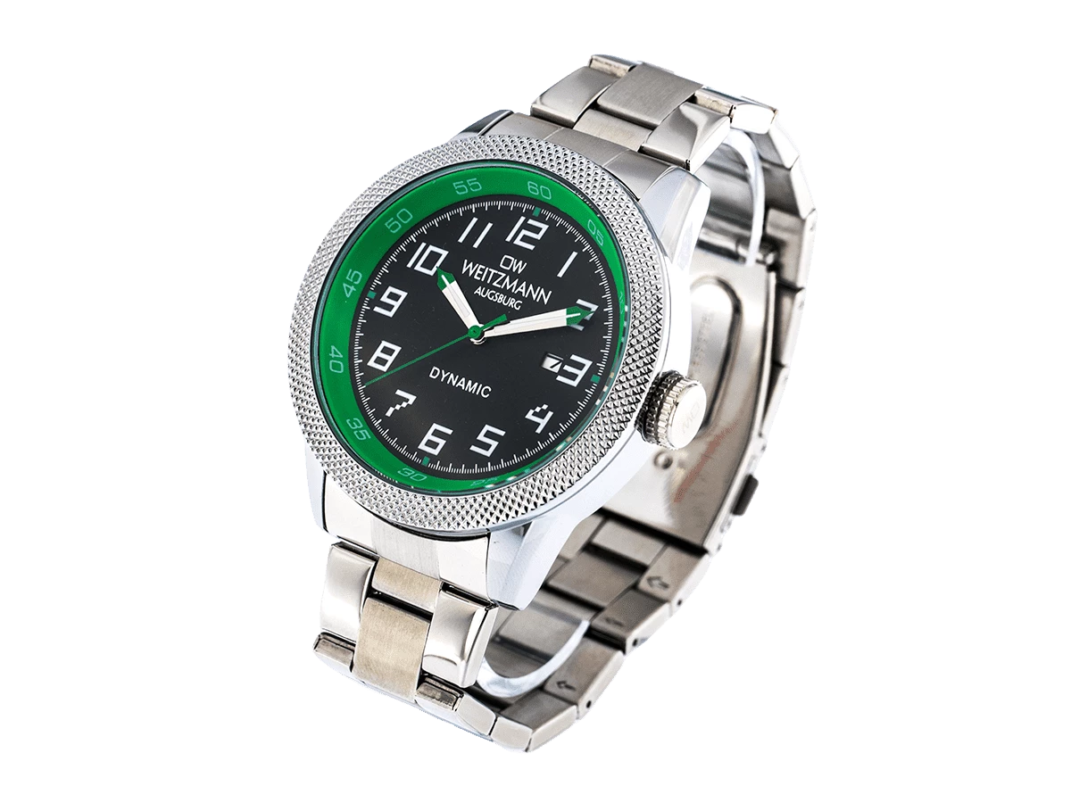 Dynamic, sportlich-elegante Herren-Uhr, schwarz/grün, geriffelte Lünette, Stahlband - Bild 3