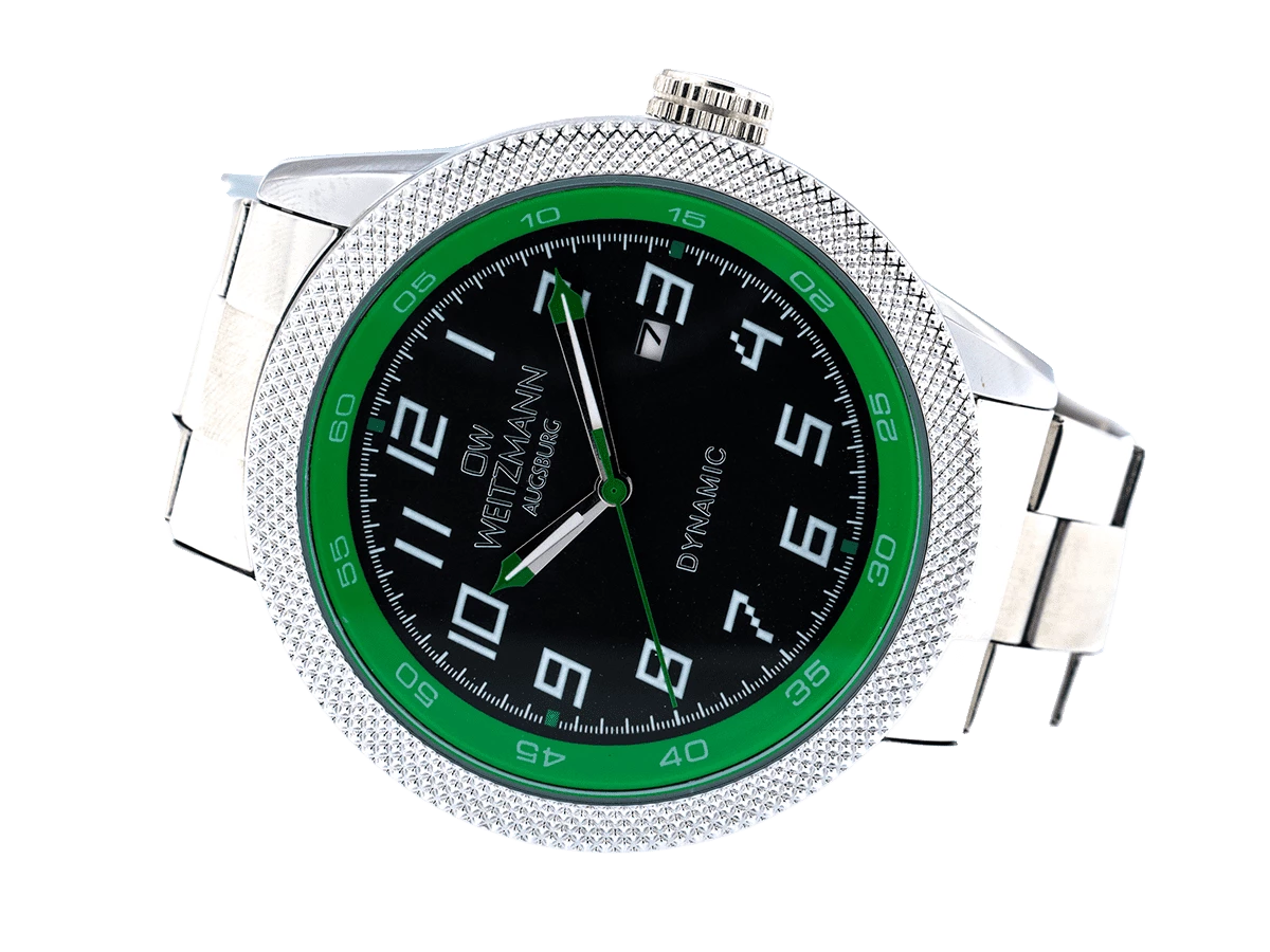 Dynamic, sportlich-elegante Herren-Uhr, schwarz/grün, geriffelte Lünette, Stahlband - Bild 4