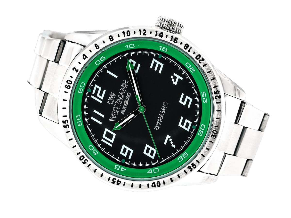 Dynamic, sportlich-elegante Herren-Uhr, schwarz/grün, geriffelte Lünette, Stahlband - Bild 9