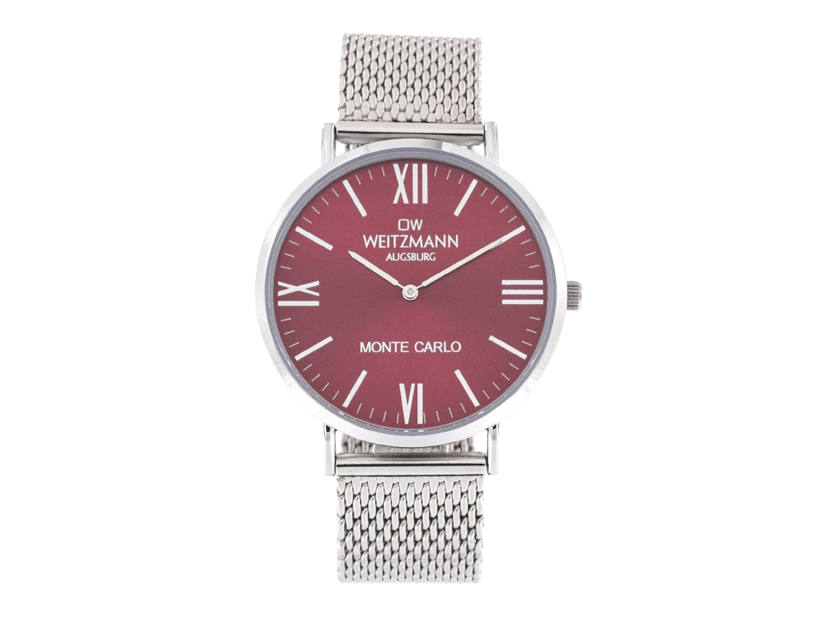 Monte Carlo, topaktuelle Mode-Uhr, mit rotem Ziffernblatt, mit Milanaise-Band